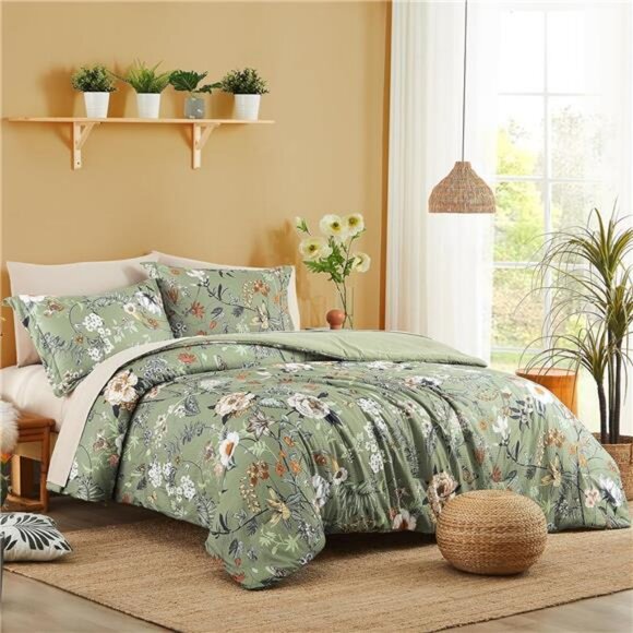 King Size Comforter Set, 7 PCS Green Floral Comforter Set - Picture 2 of 7